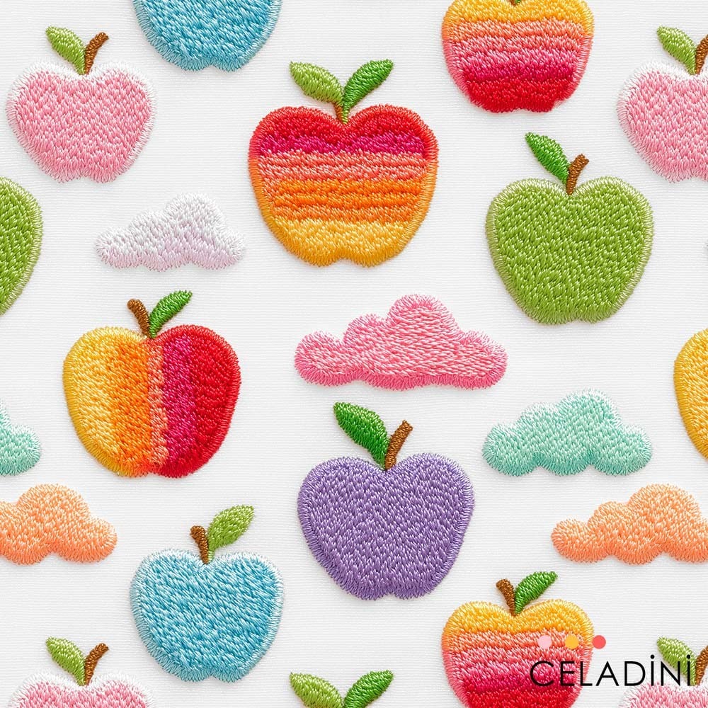 Pastel Renkli Elmalar 3D Nakış Efektli Kumaş