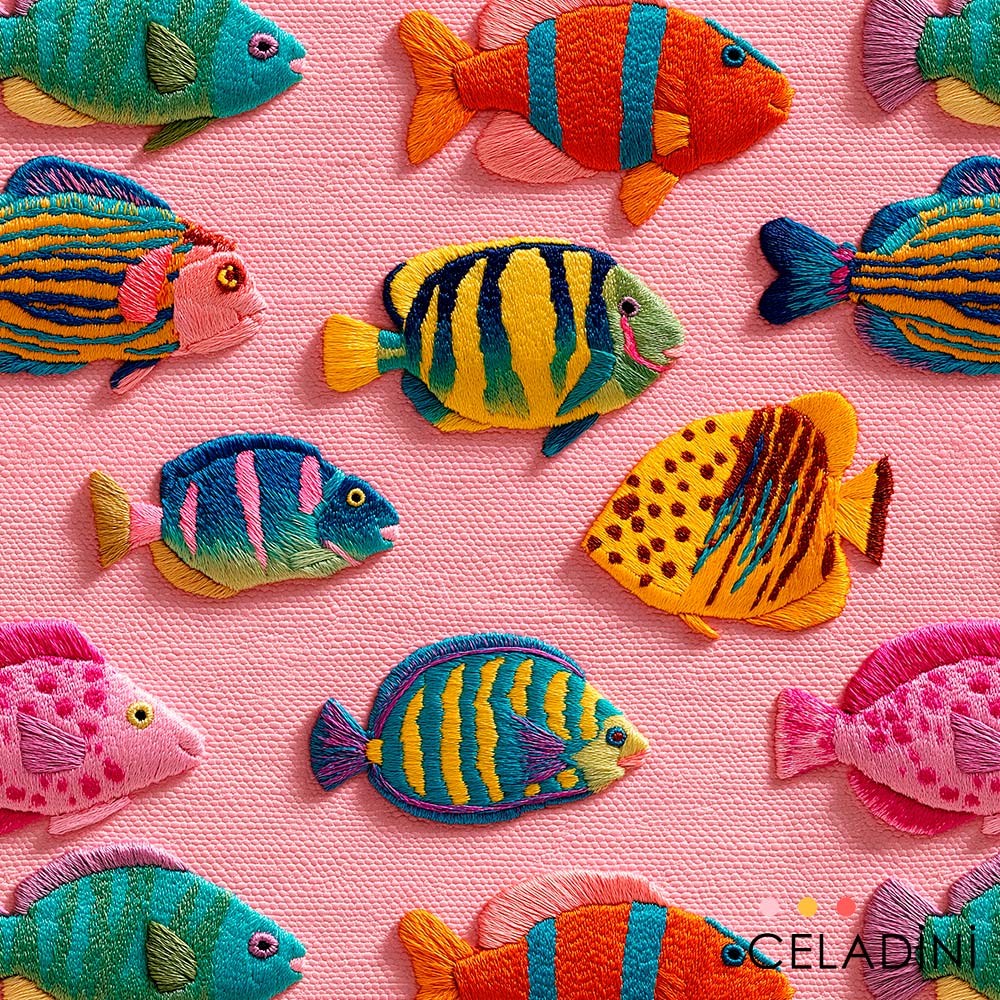 Pembe Fon Balıklar Desenli 3D Nakış Efektli Kumaş