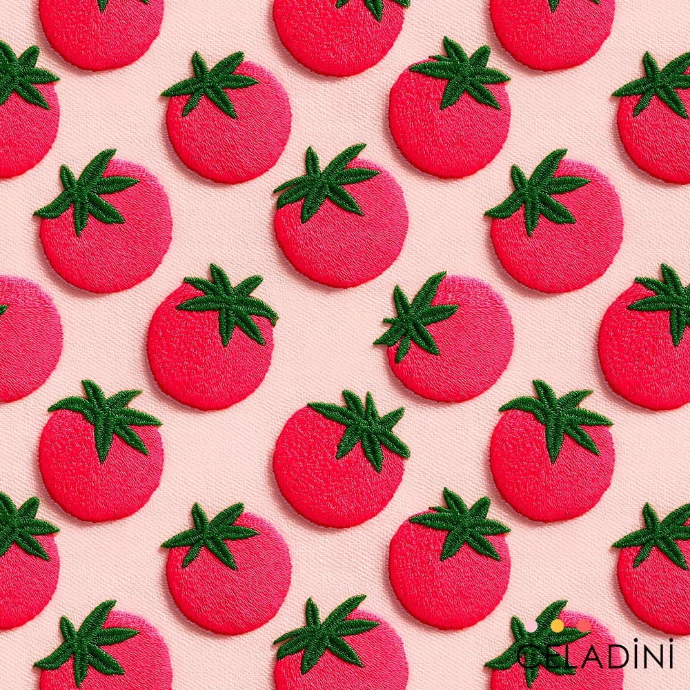 Pembe Fon Domates Desenli 3D Nakış Efektli Kumaş