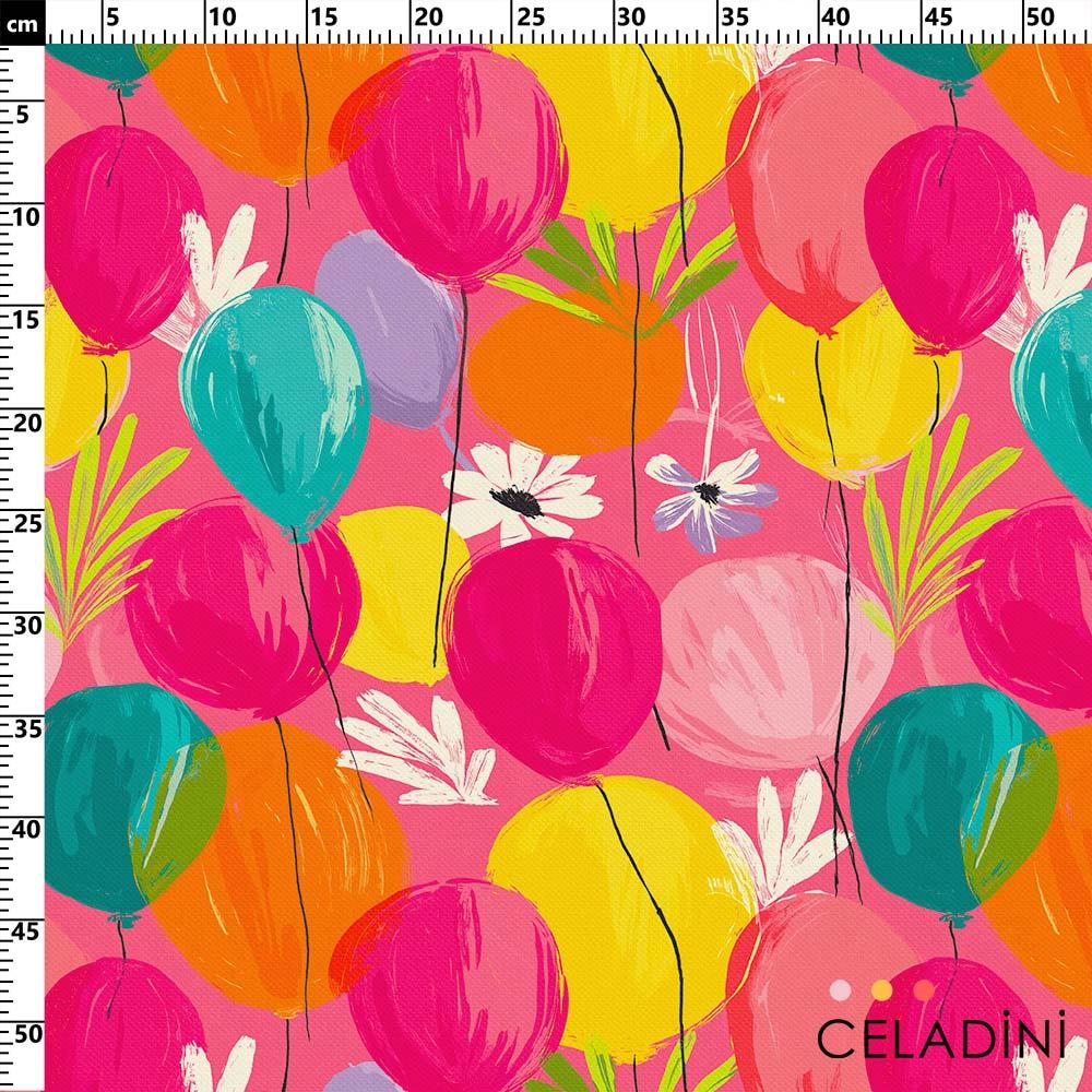 Pembe Fon Uçan Balon Desenli Kumaş