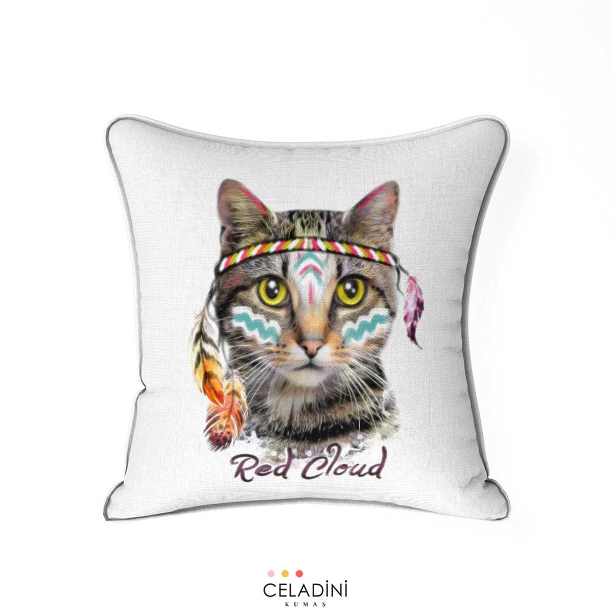 Pop Art Kızılderili Kedi Desenli Kırlent Kumaşı