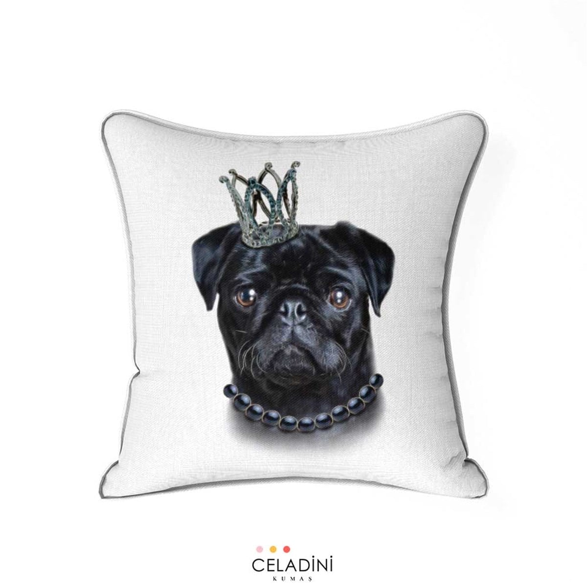 Pop Art Queen Pug Köpek Desenli Kırlent Kumaşı