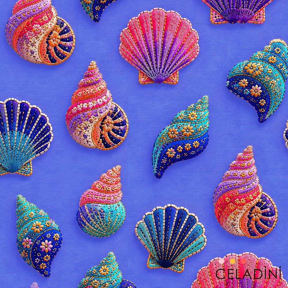 Renkli Midyeler Desenli 3D Nakış Efektli Kumaş