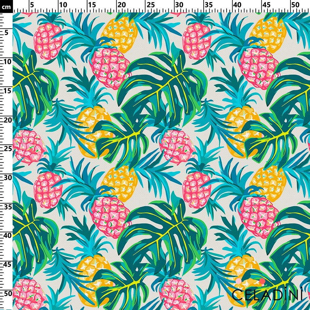 Renkli Tropikal Ananas Ve Yaprak Desenli Kumaş