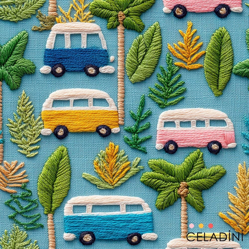 Retro Minibüs ve Palmiye 3D Nakış Efektli Kumaş