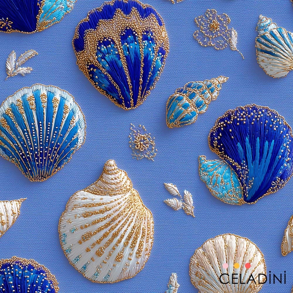 Simli Midye Desenli 3D Nakış Efektli Kumaş