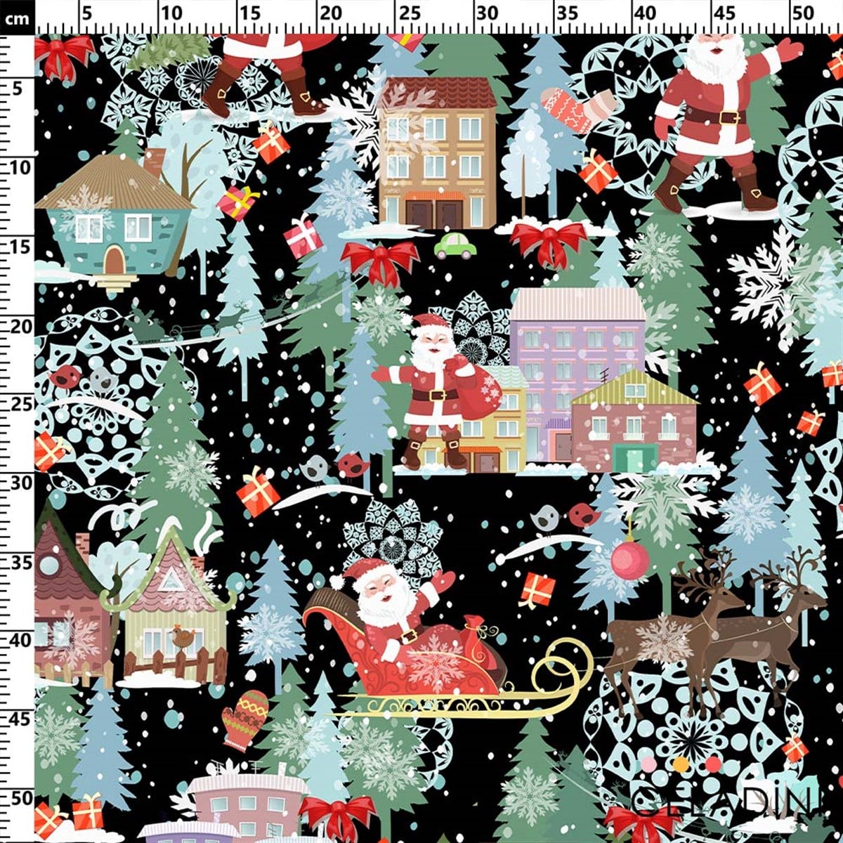 Siyah Beyaz Noel Baba Desenli Yılbaşı Kumaşı