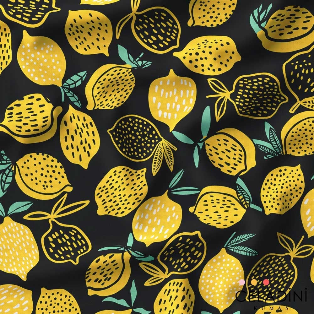 Siyah Fon Limon Desenli Kumaş