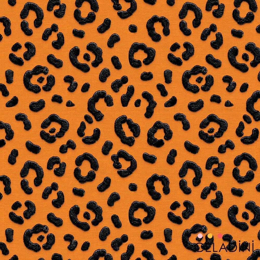 Turuncu Fon Kabartma Leopar Desenli 3D Nakış Efektli Kumaş