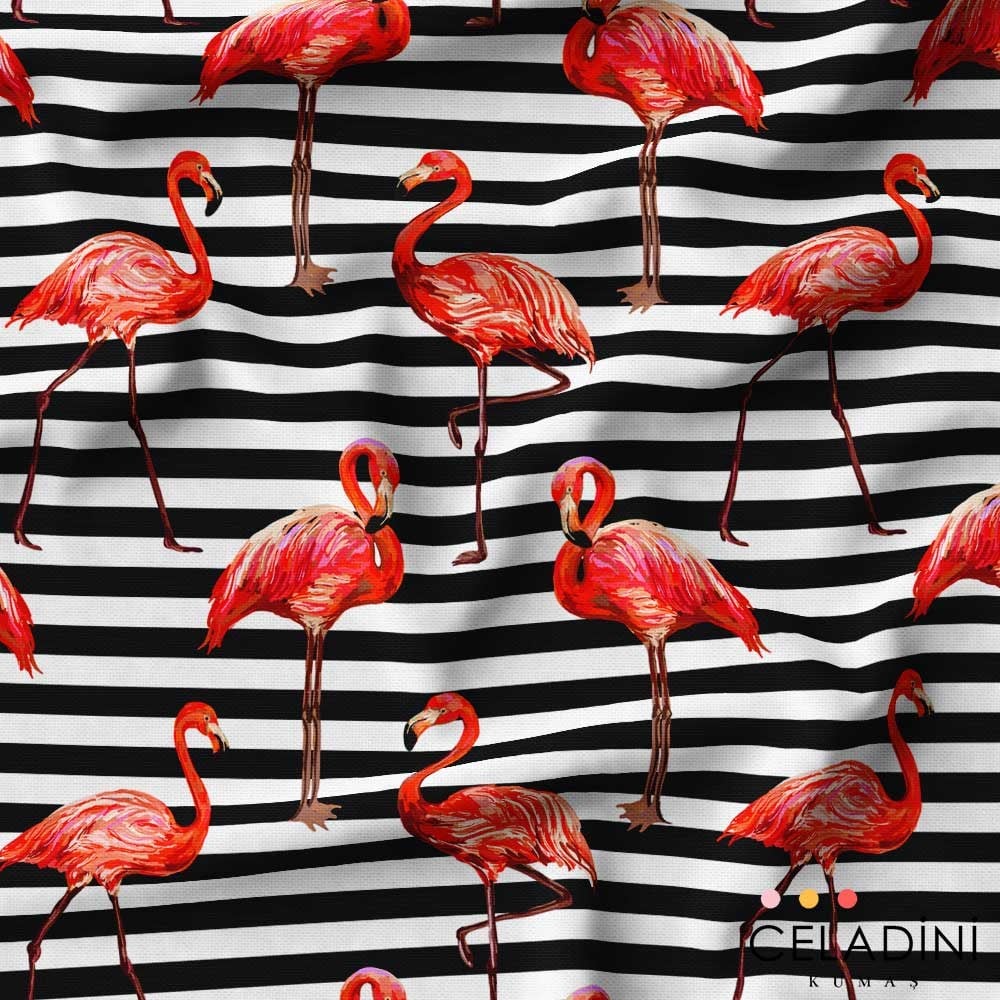 Yatay Çizgili Flamingo Desenli Kumaş