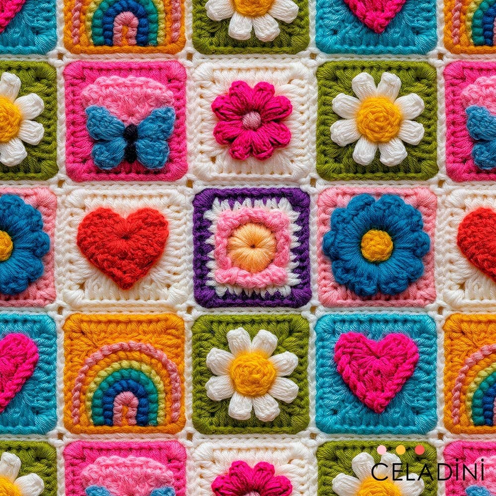 Yaz Motifleri Patchwork Desenli 3D Örgü Efektli Kumaş