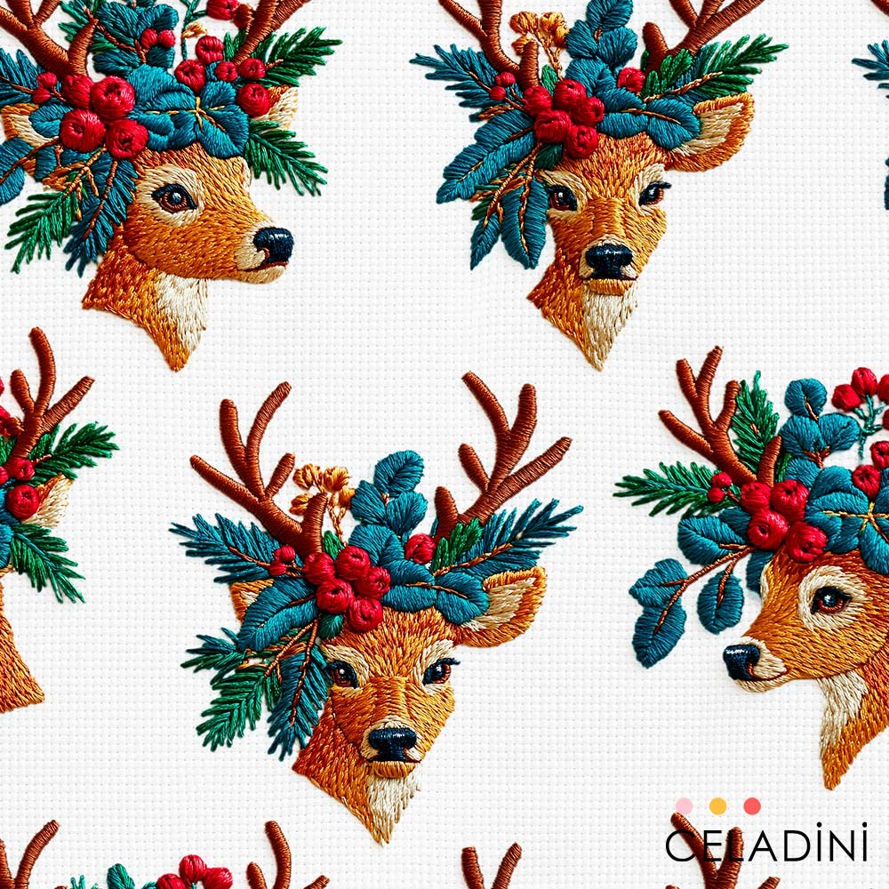 Yılbaşı Geyiği Desenli 3D Nakış Efektli Kumaş