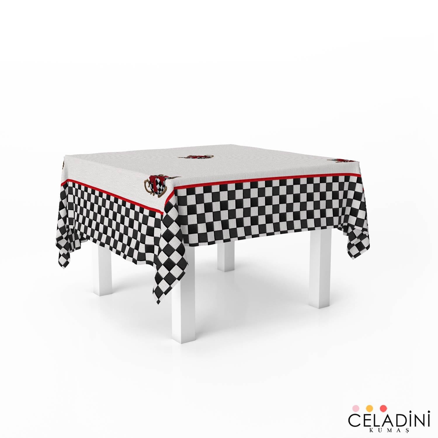 140x140 cm 3D Nakış Efektli Damalı Çaydanlık Masa Örtüsü Kumaşı
