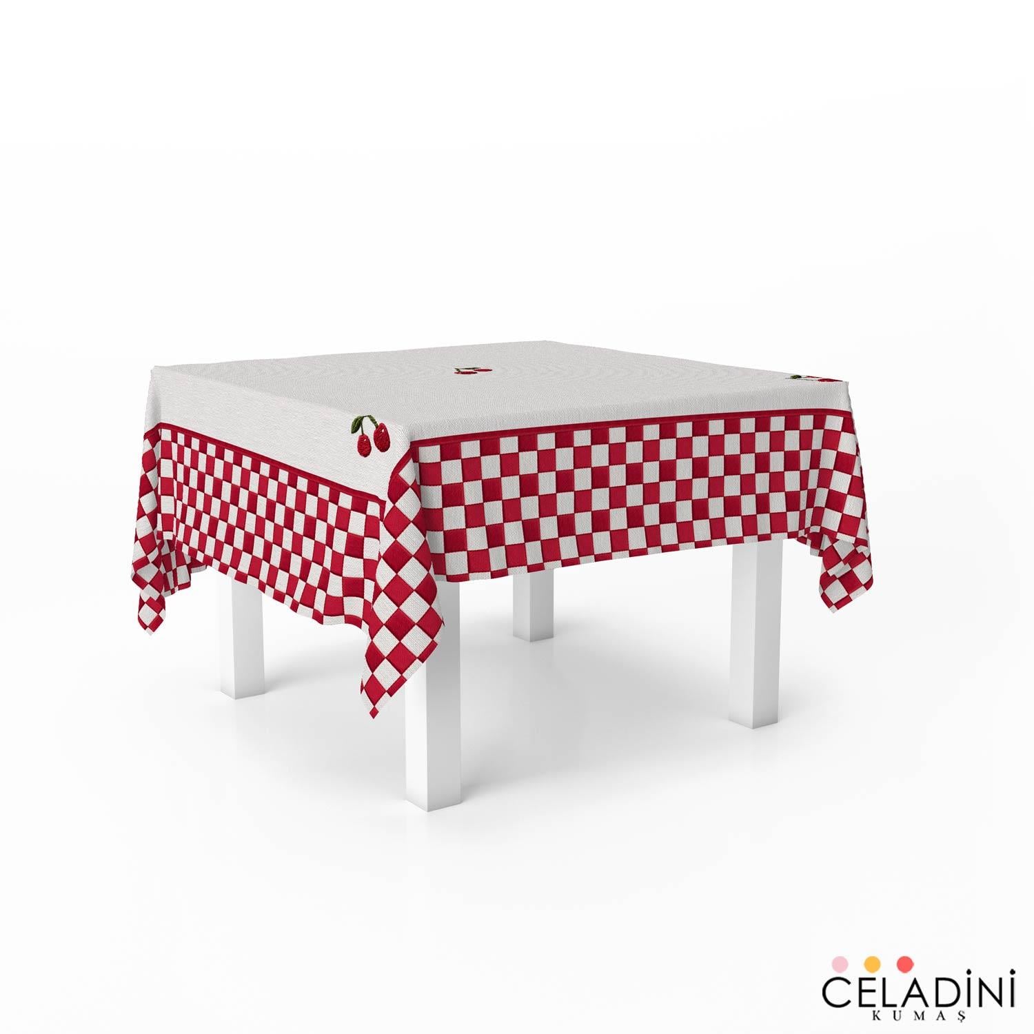140x140 cm 3D Nakış Efektli Kiraz Masa Örtüsü Kumaşı