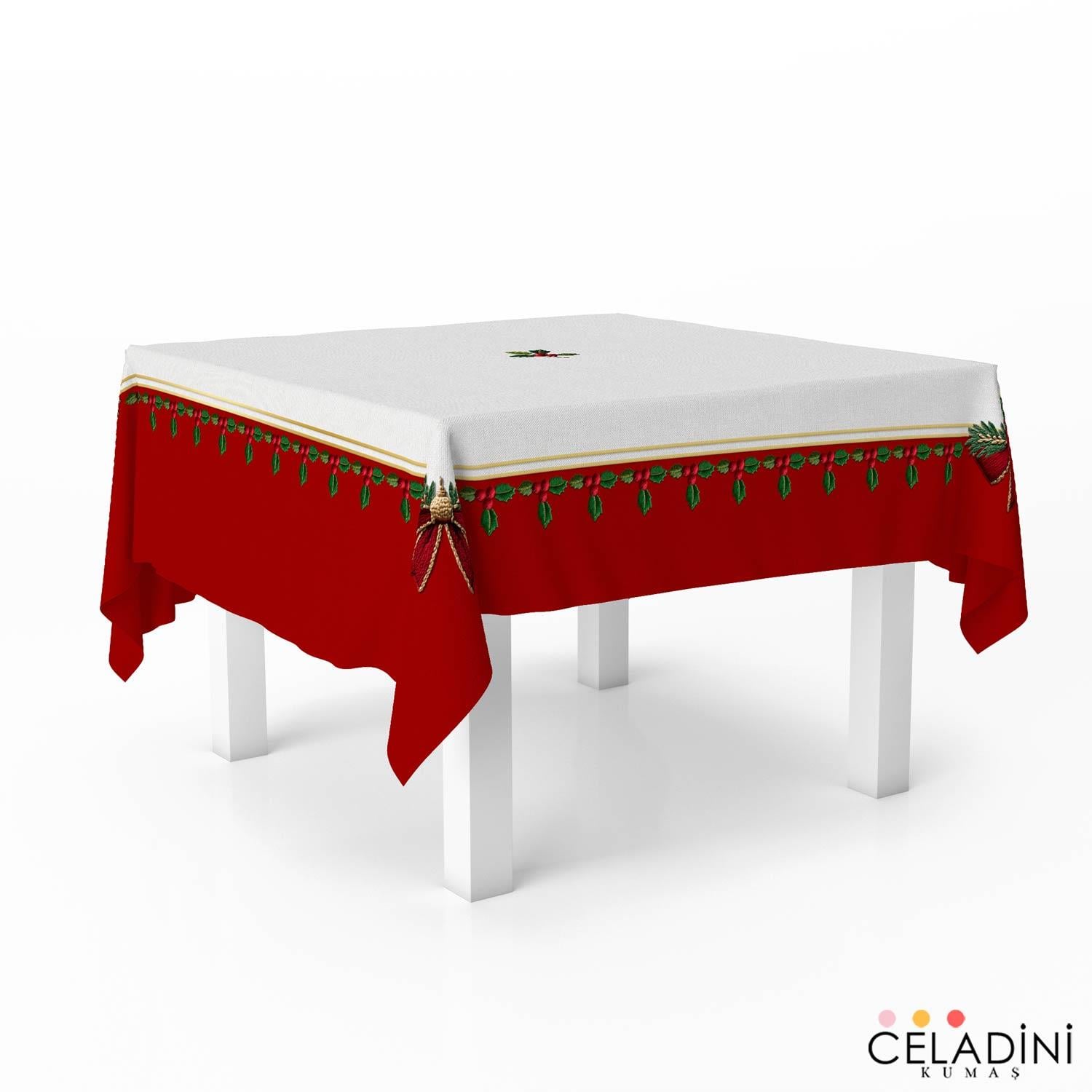 140x140 cm 3D Nakış Efektli Yılbaşı Masa Örtüsü Kumaşı Kırmızı