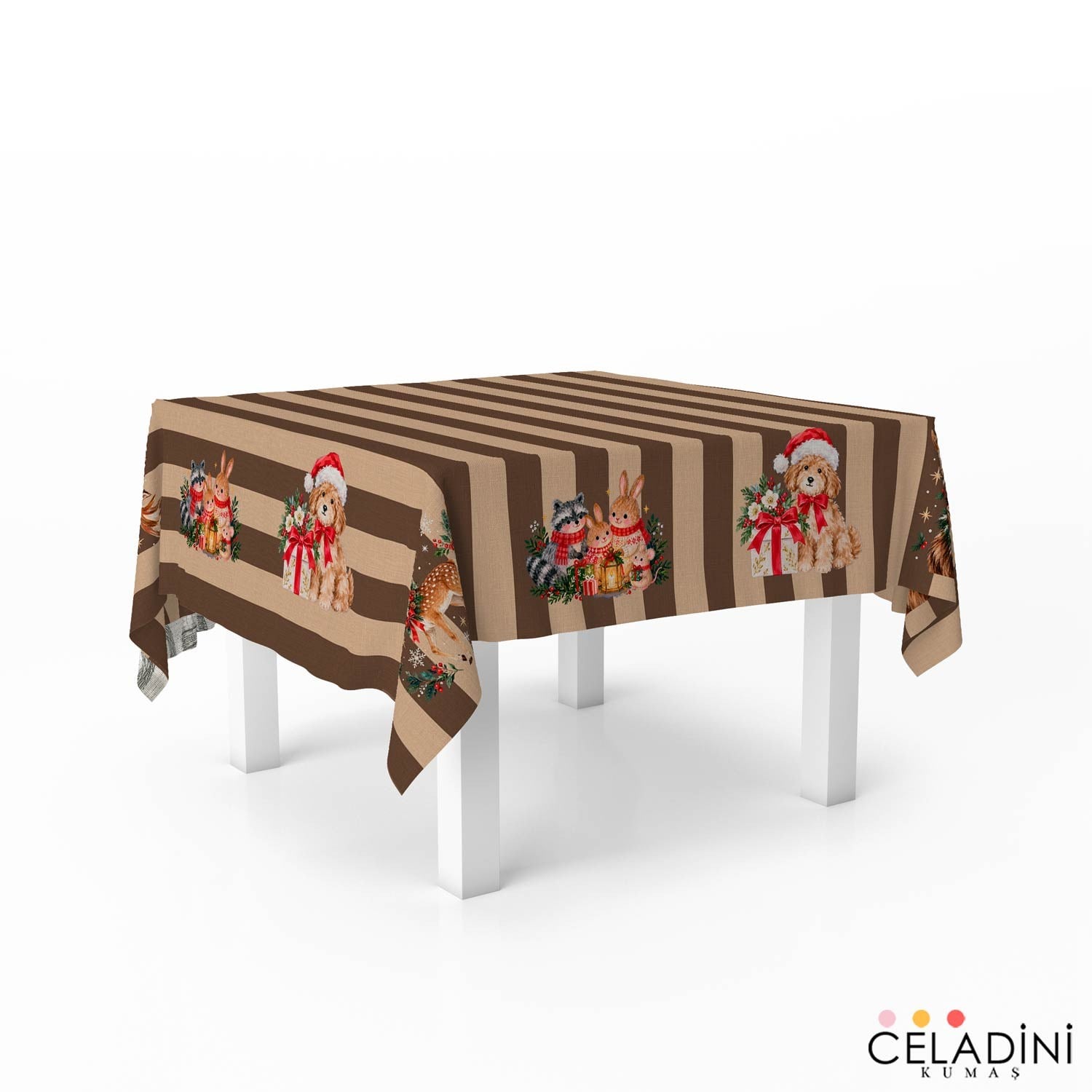 140x140 cm Çizgili Yılbaşı Serisi Masa Örtüsü Kumaşı Kahve-Bej