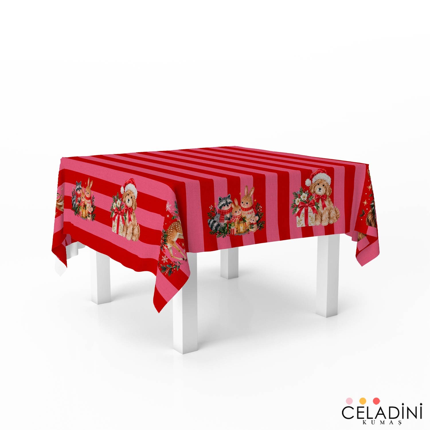 140x140 cm Çizgili Yılbaşı Serisi Masa Örtüsü Kumaşı Kırmızı-Pembe