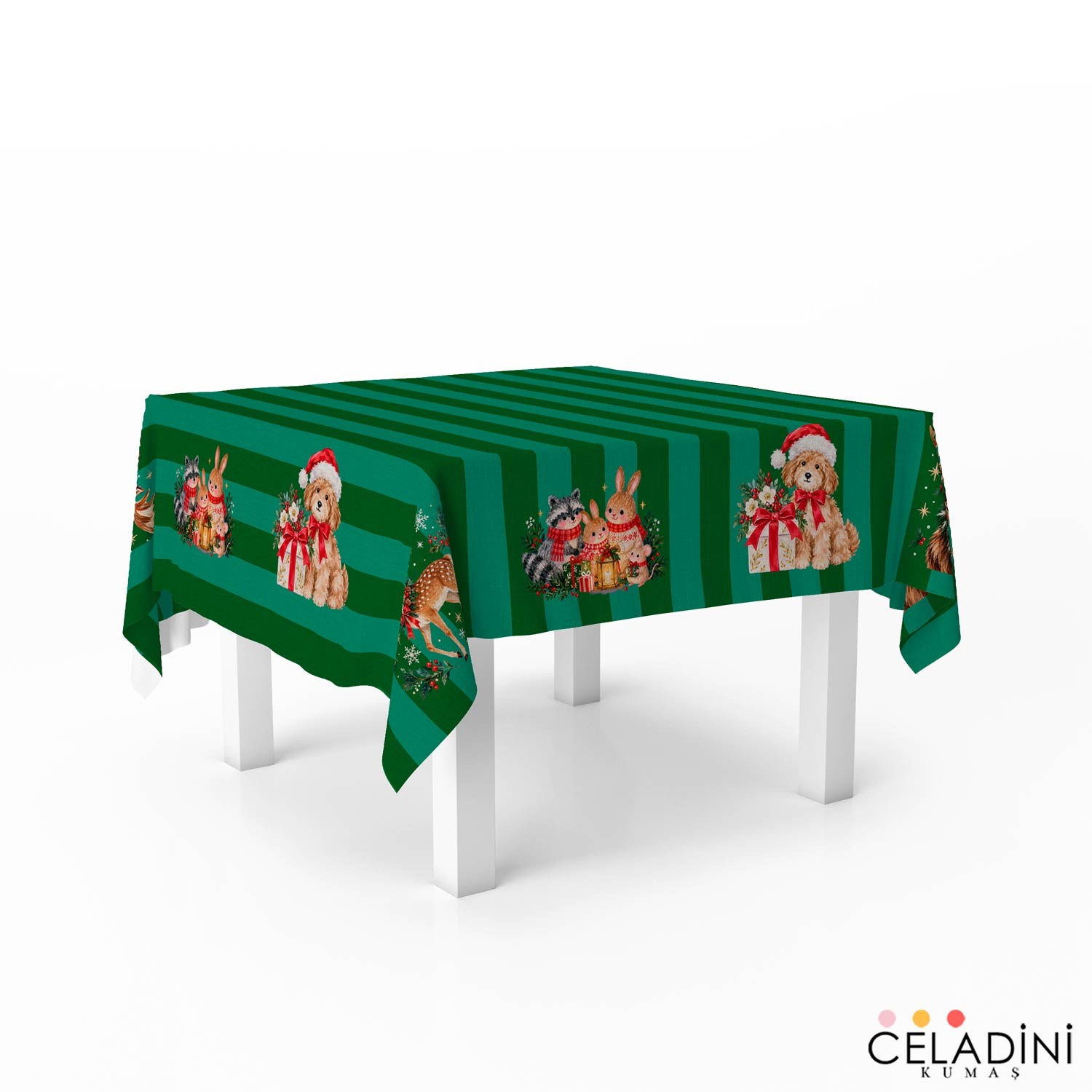 140x140 cm Çizgili Yılbaşı Serisi Masa Örtüsü Kumaşı Yeşil