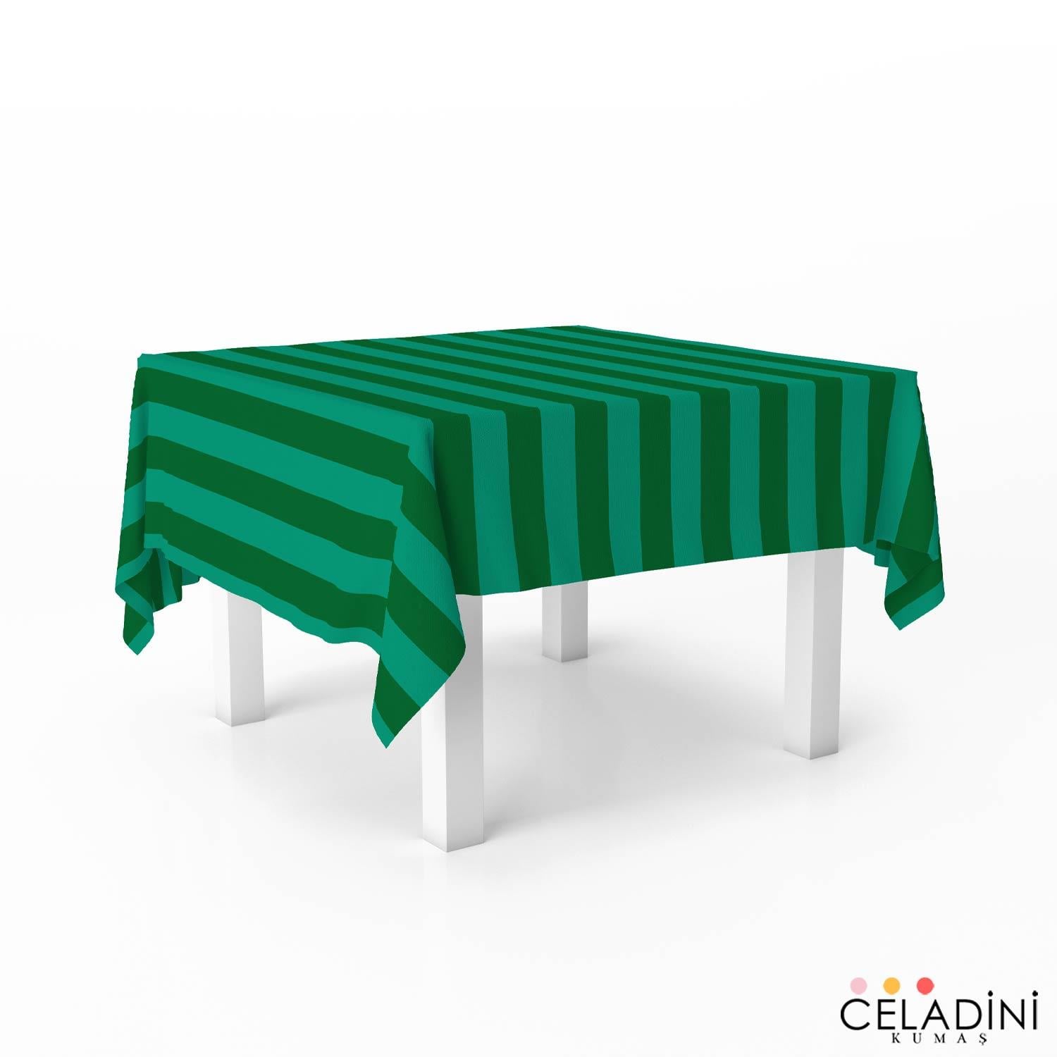140x140 cm Petrol Yeşili ve Mint Çizgili Masa Örtüsü Kumaşı