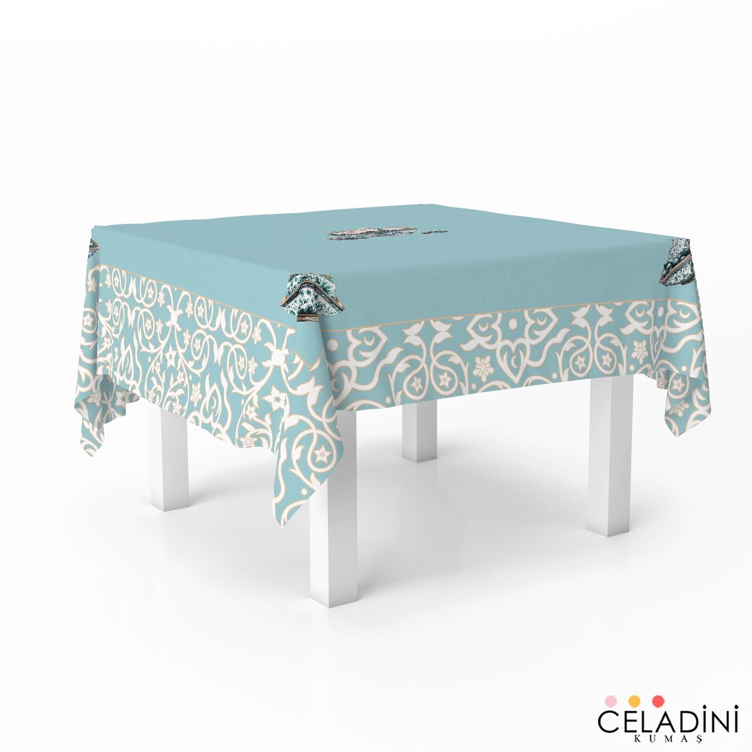 140x140 cm Saray Motifli Ramazan Serisi  Masa Örtüsü Kumaşı Mint Yeşil