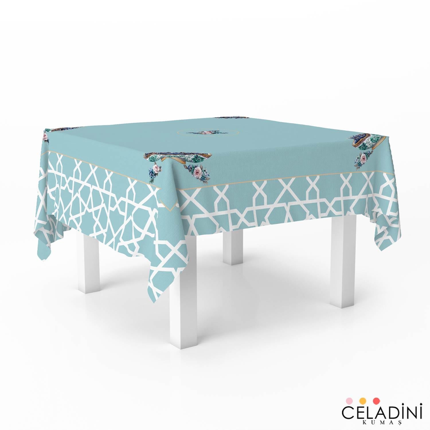 140x140 cm Selçuklu Motifli Ramazan Serisi Masa Örtüsü Kumaşı Mint Yeşil