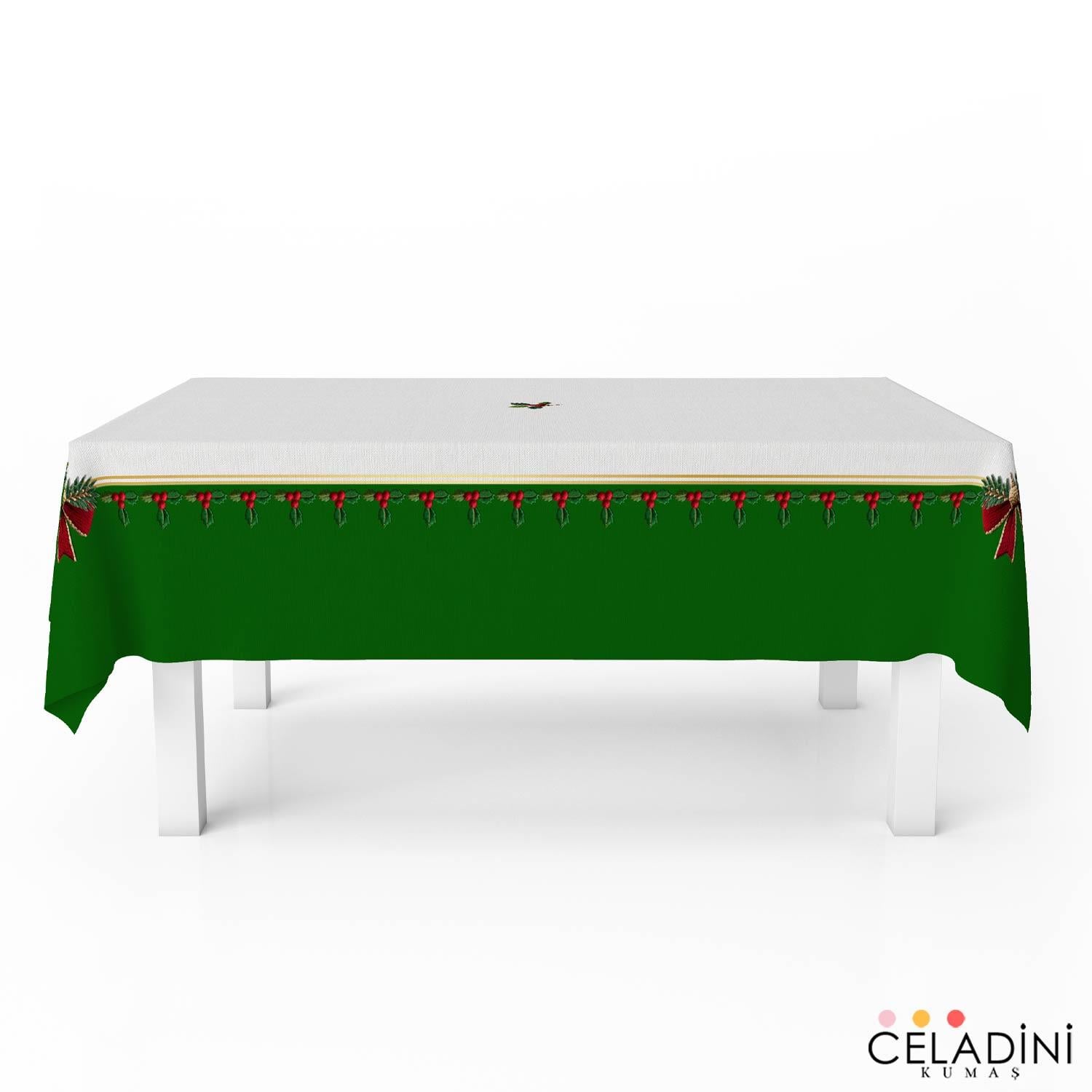 140x200 cm 3D Nakış Efektli Yılbaşı Masa Örtüsü Kumaşı Yeşil