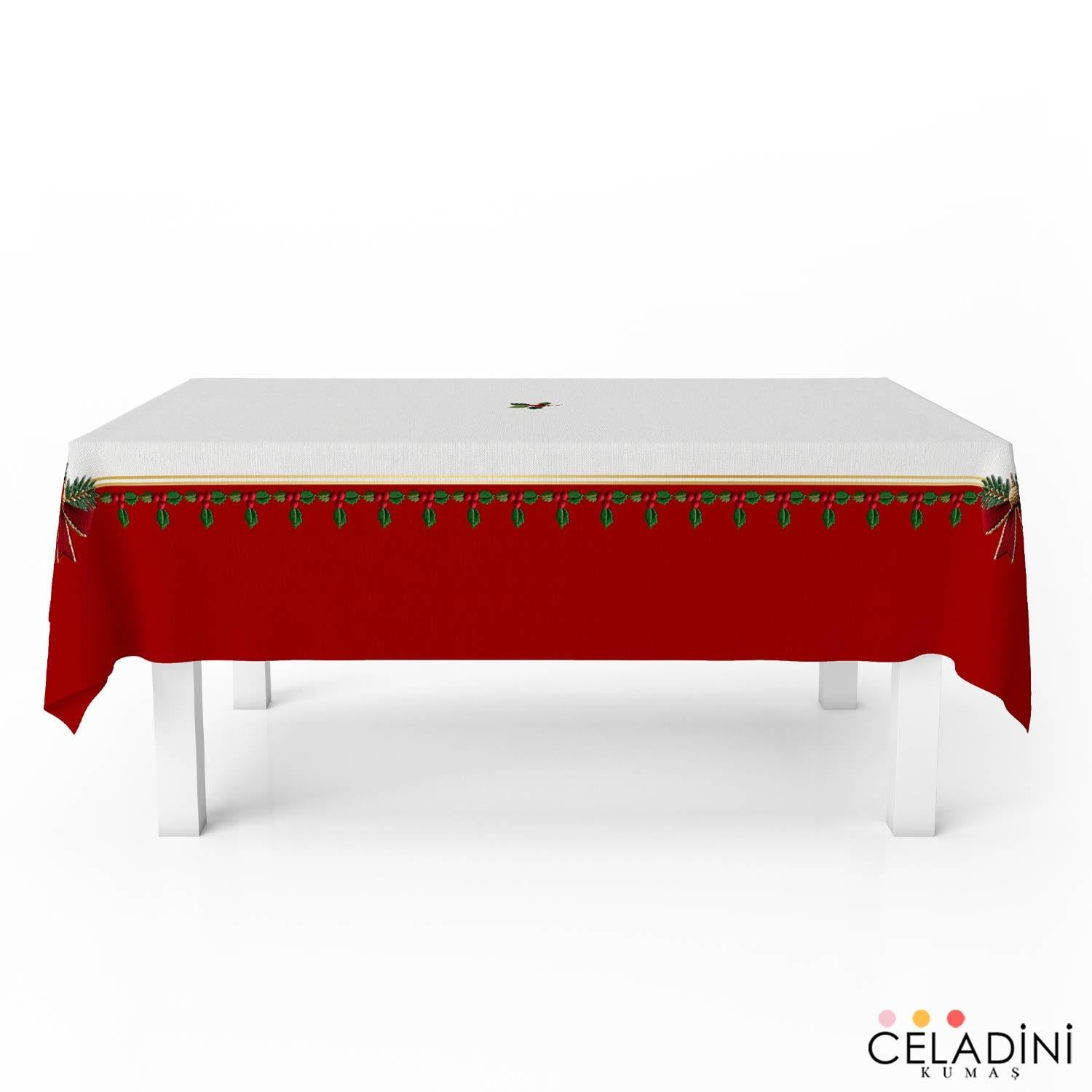 140x200 cm 3D Nakış Efektli Yılbaşı Masa Örtüsü Kumaşı Kırmızı