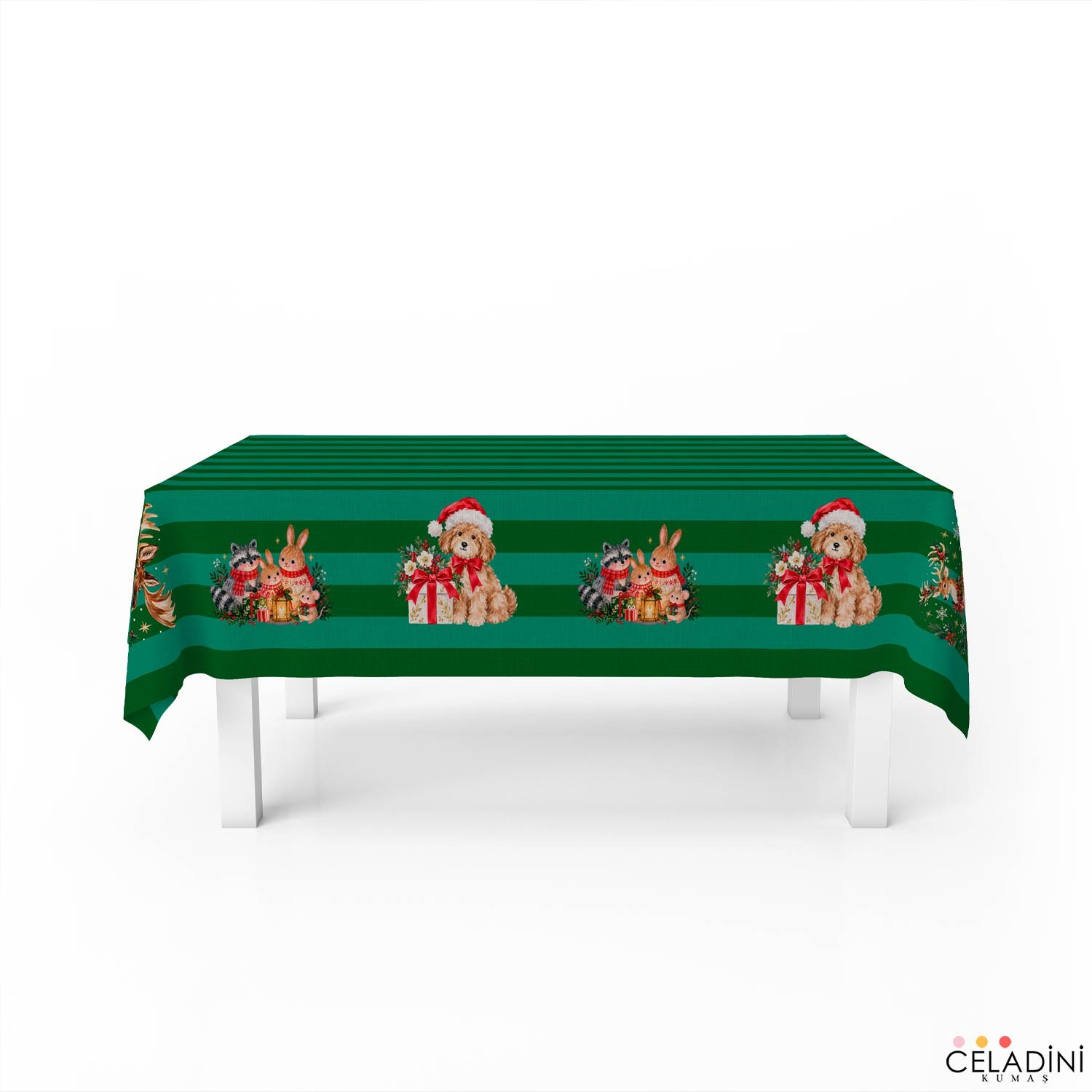 140x200 cm Çizgili Yılbaşı Serisi Masa Örtüsü Kumaşı Yeşil