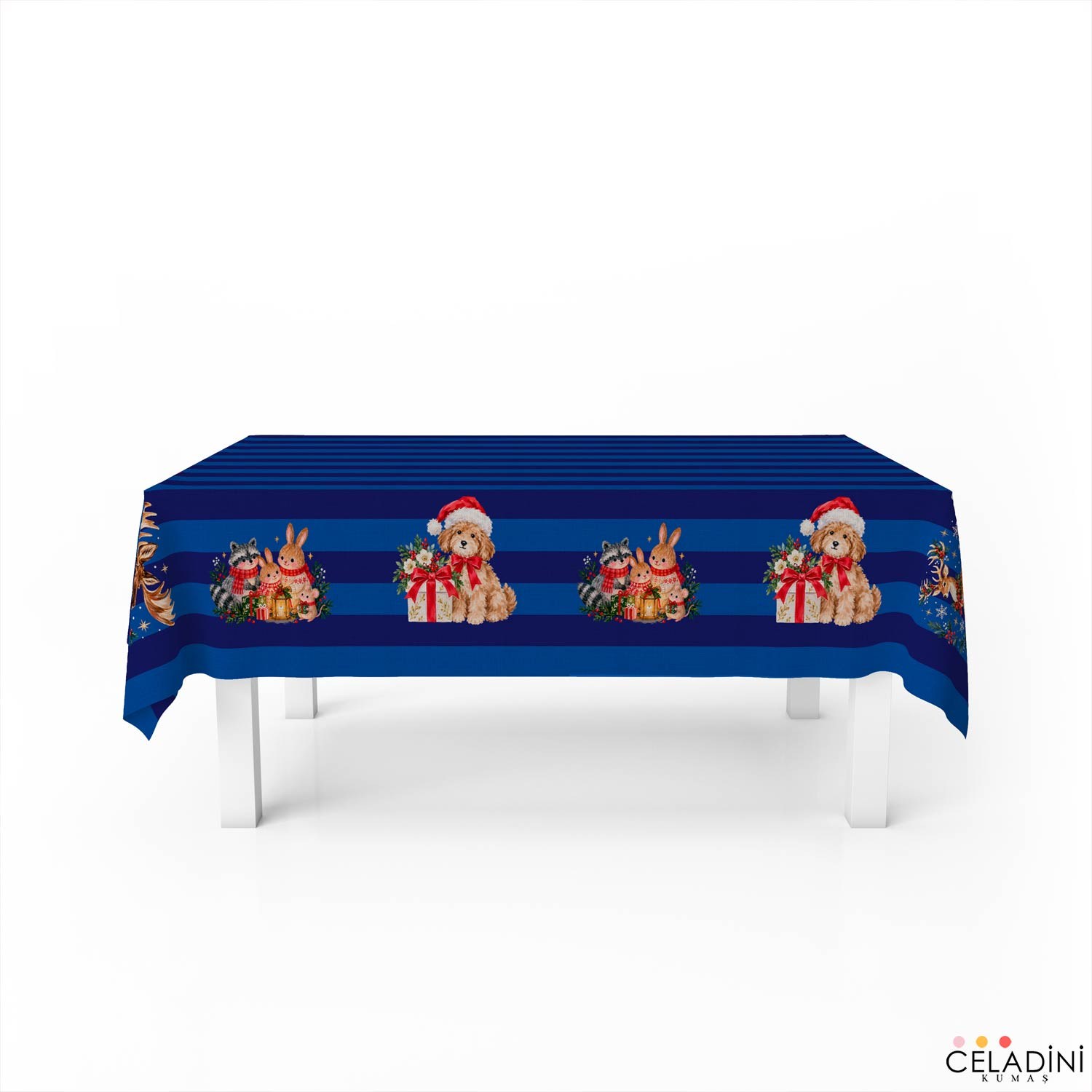 140x200 cm Çizgili Yılbaşı Serisi Masa Örtüsü Kumaşı Lacivert-Mavi