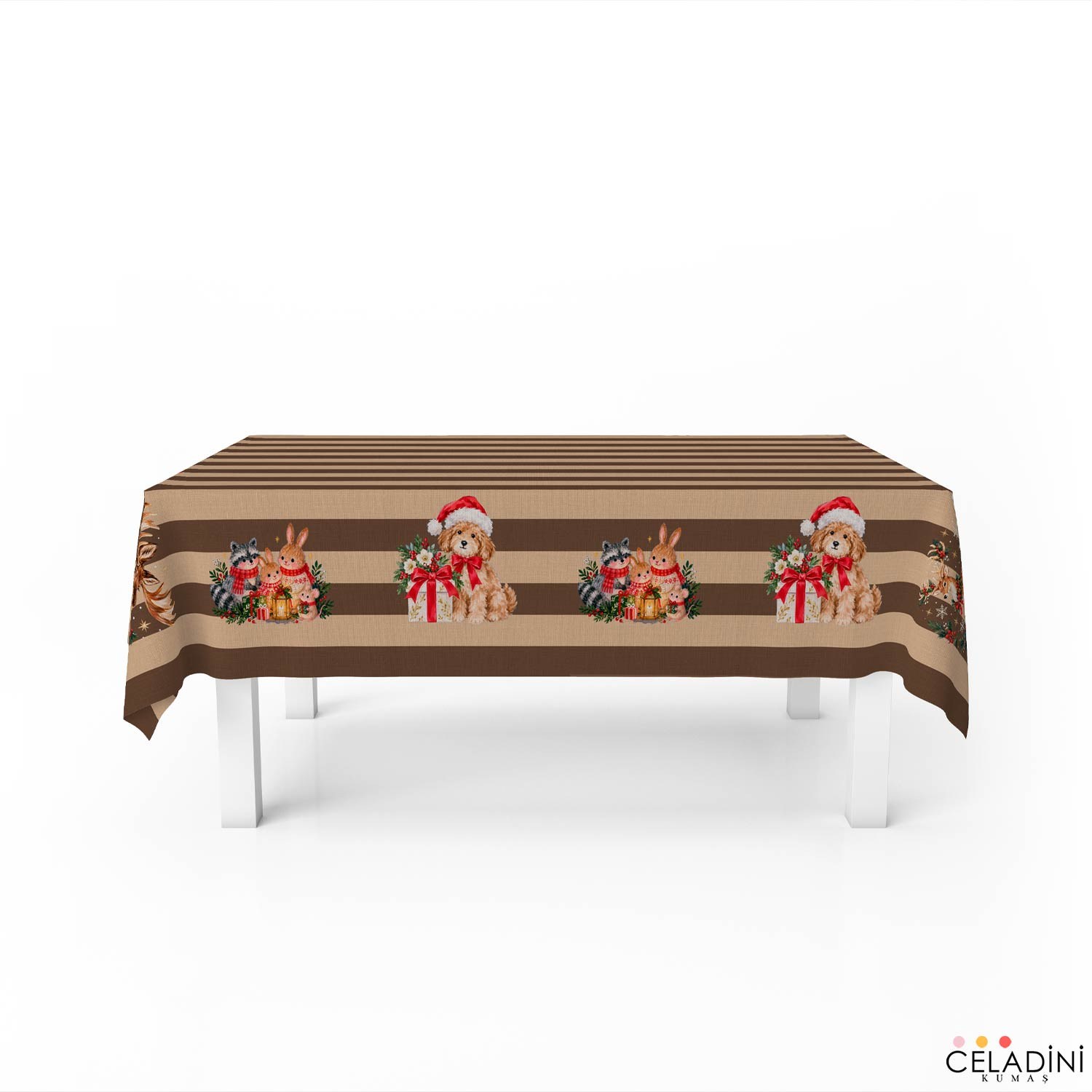 140x200 cm Çizgili Yılbaşı Serisi Masa Örtüsü Kumaşı Kahve-Bej