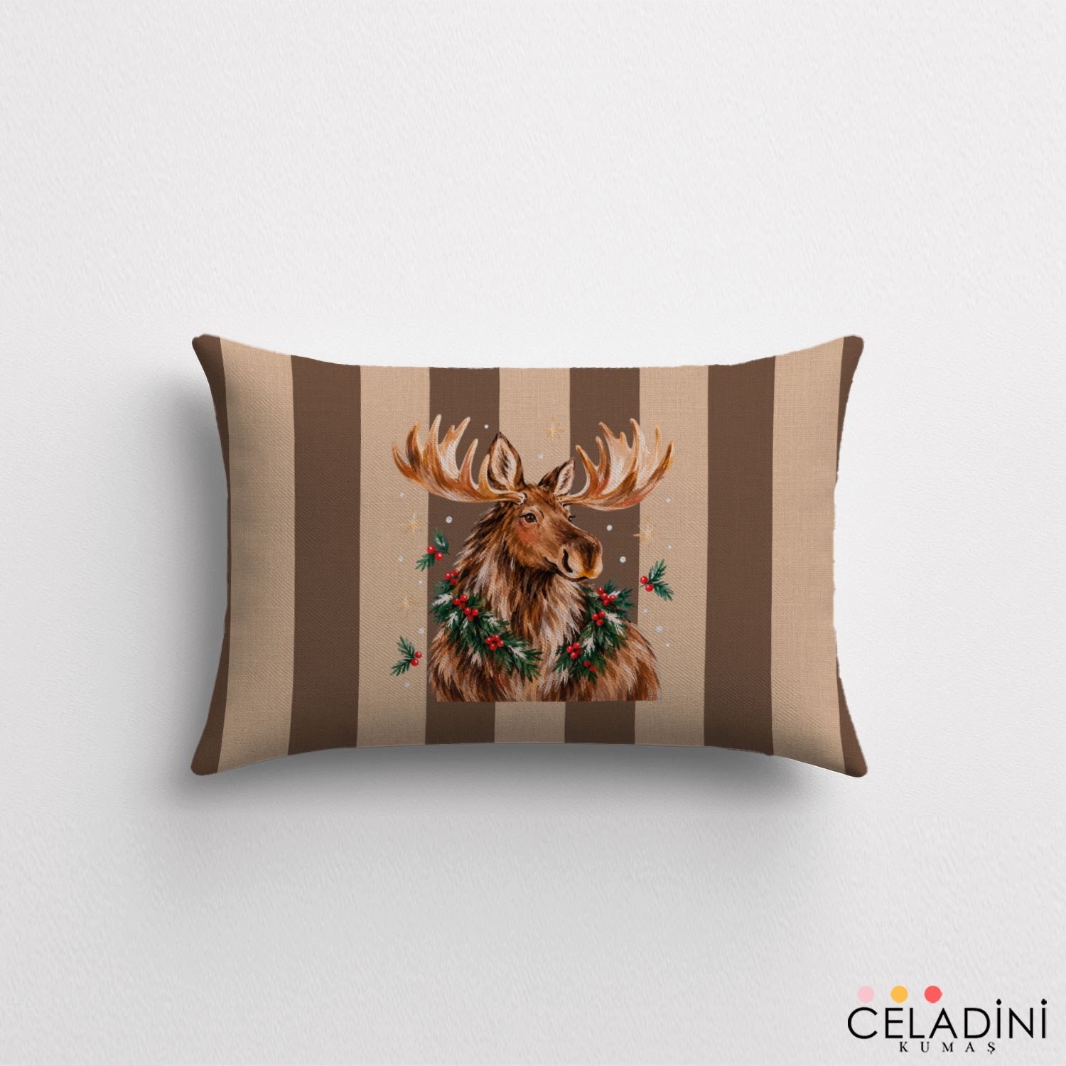 35x50 cm Çizgili Yılbaşı Serisi Geyikli Kırlent Kumaşı