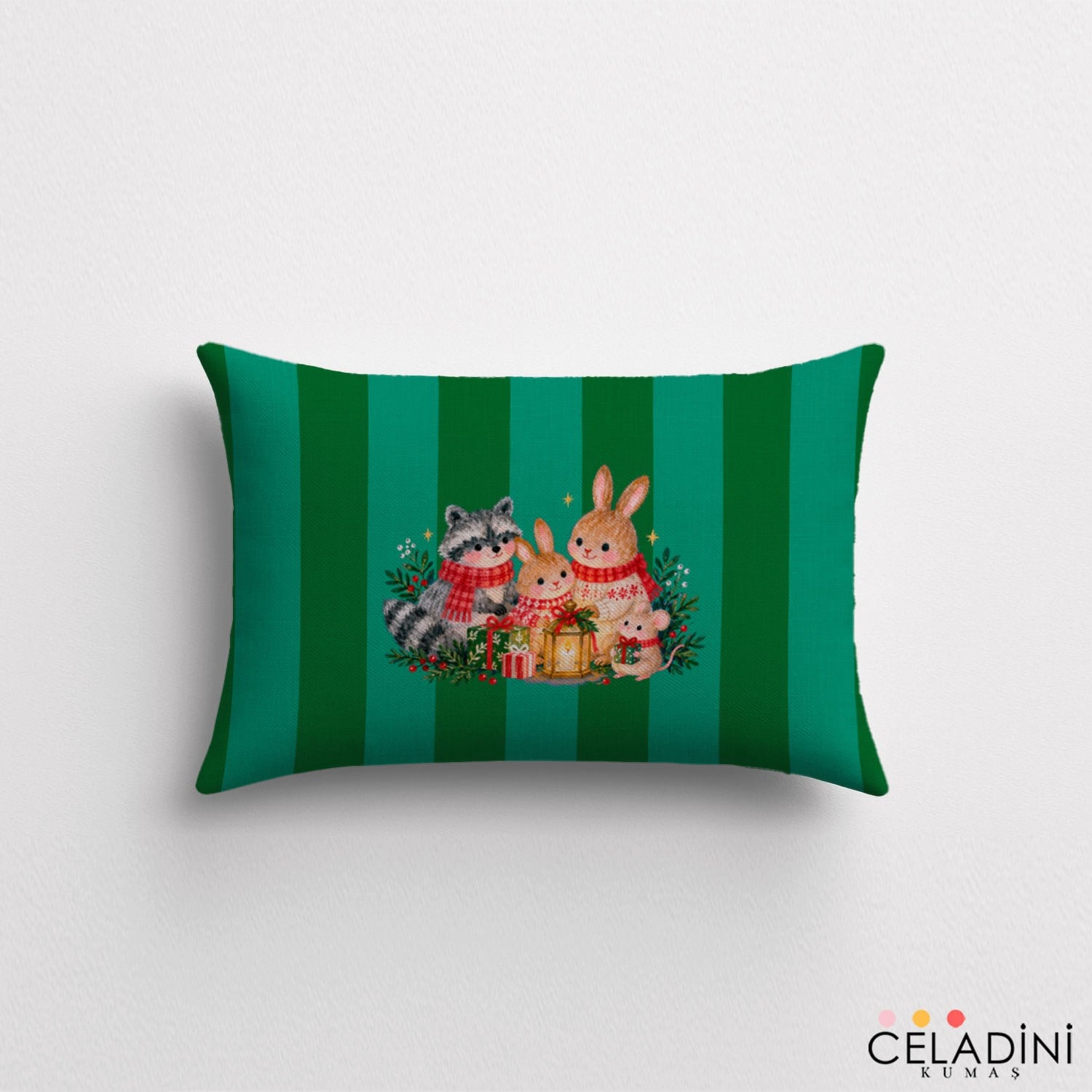 35x50 cm Çizgili Yılbaşı Serisi Rakun Tavşan Kırlent Kumaşı