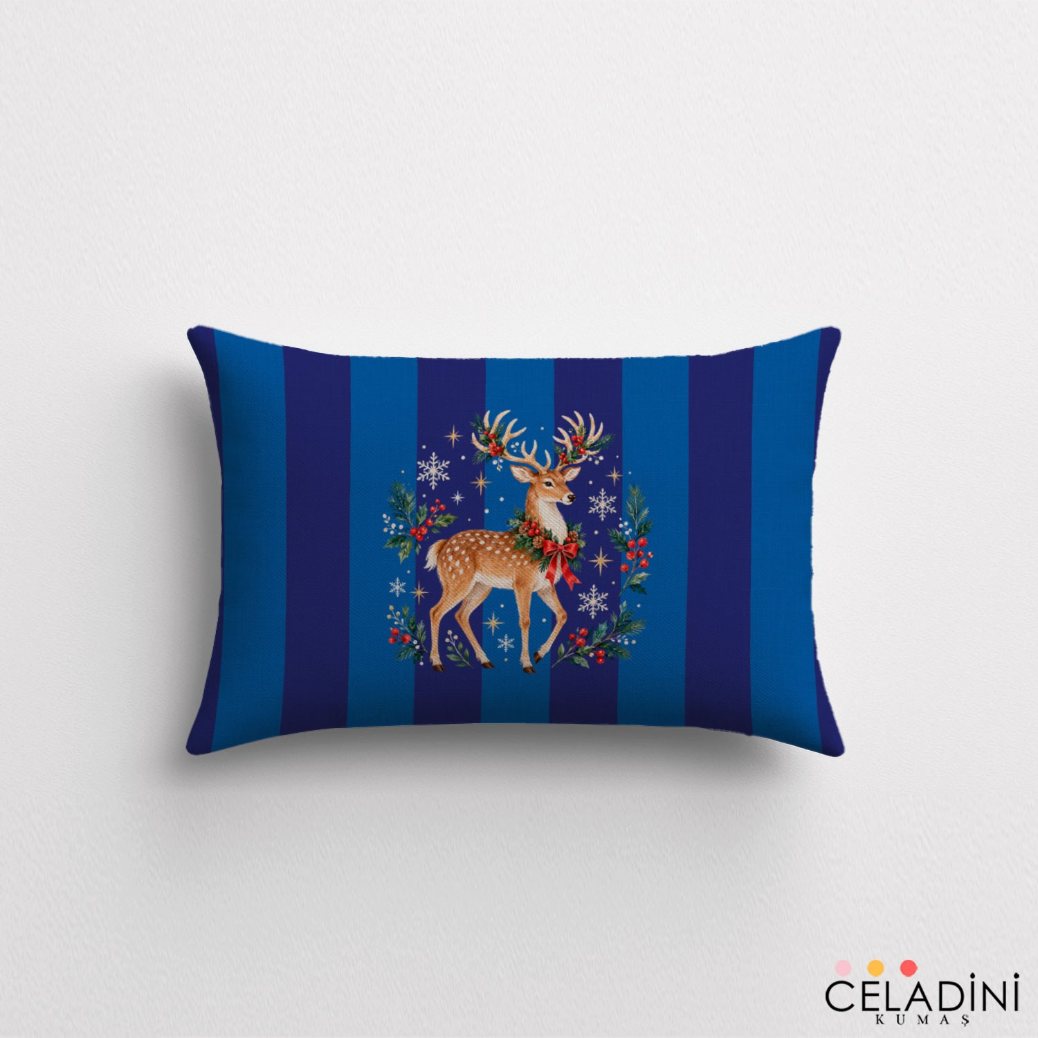 35x50 cm Çizgili Yılbaşı Serisi Süslü Geyikli Kırlent Kumaşı