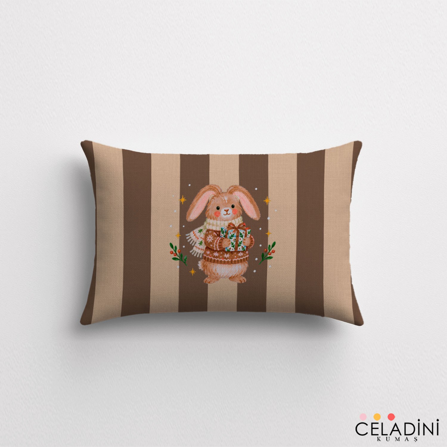 35x50 cm Çizgili Yılbaşı Serisi Tavşanlı Kırlent Kumaşı