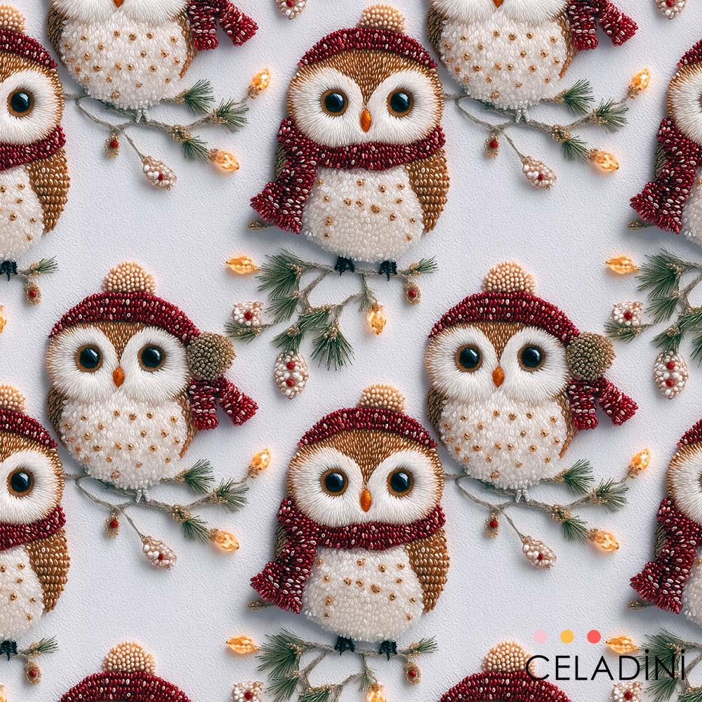 3D Boncuk İşleme Görünümlü Daldaki Baykuşlar Yılbaşı Kumaşı