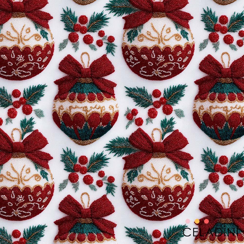 3D Boncuk İşleme Görünümlü Kırmızı Süsler Yılbaşı Kumaşı