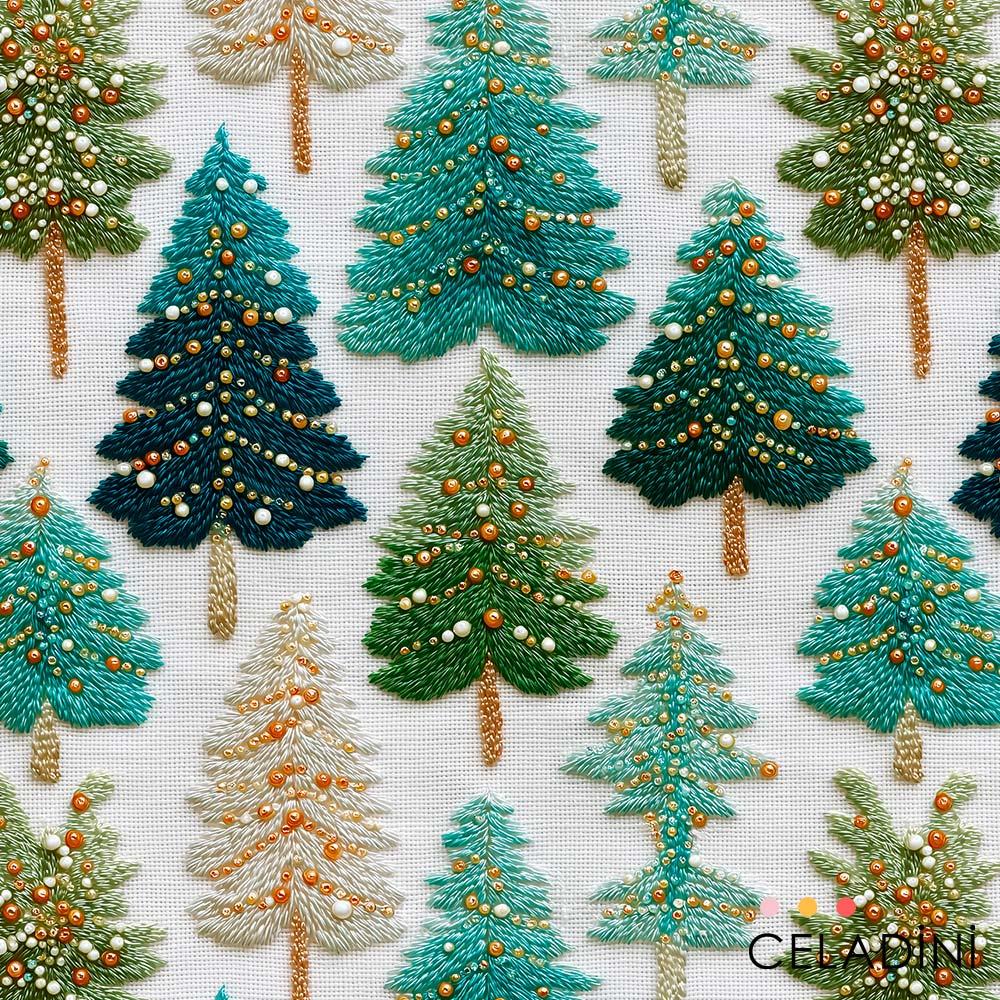 3D Boncuk İşleme Görünümlü Süslemeli Çamlar Yılbaşı Kumaşı