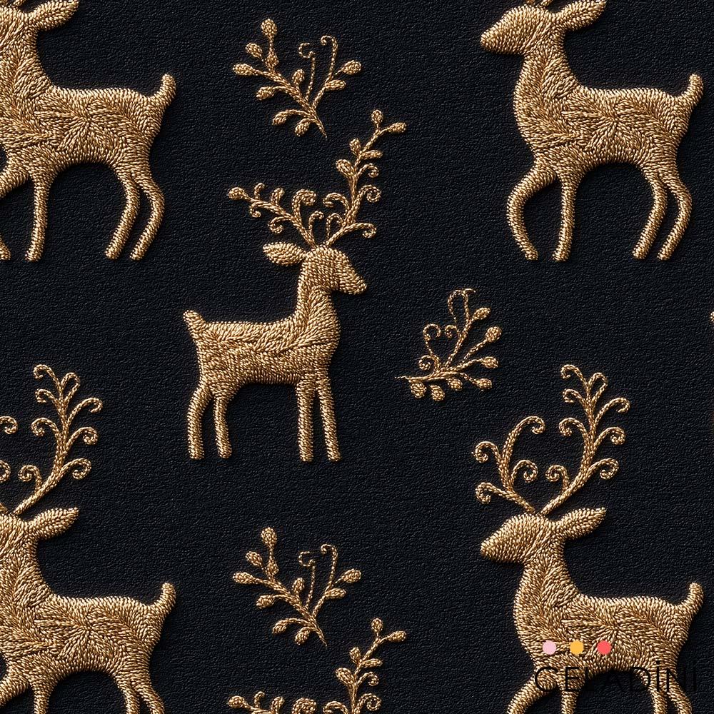 3D Nakış Efektli Altın İşlemeli Geyikler Yılbaşı Kumaşı