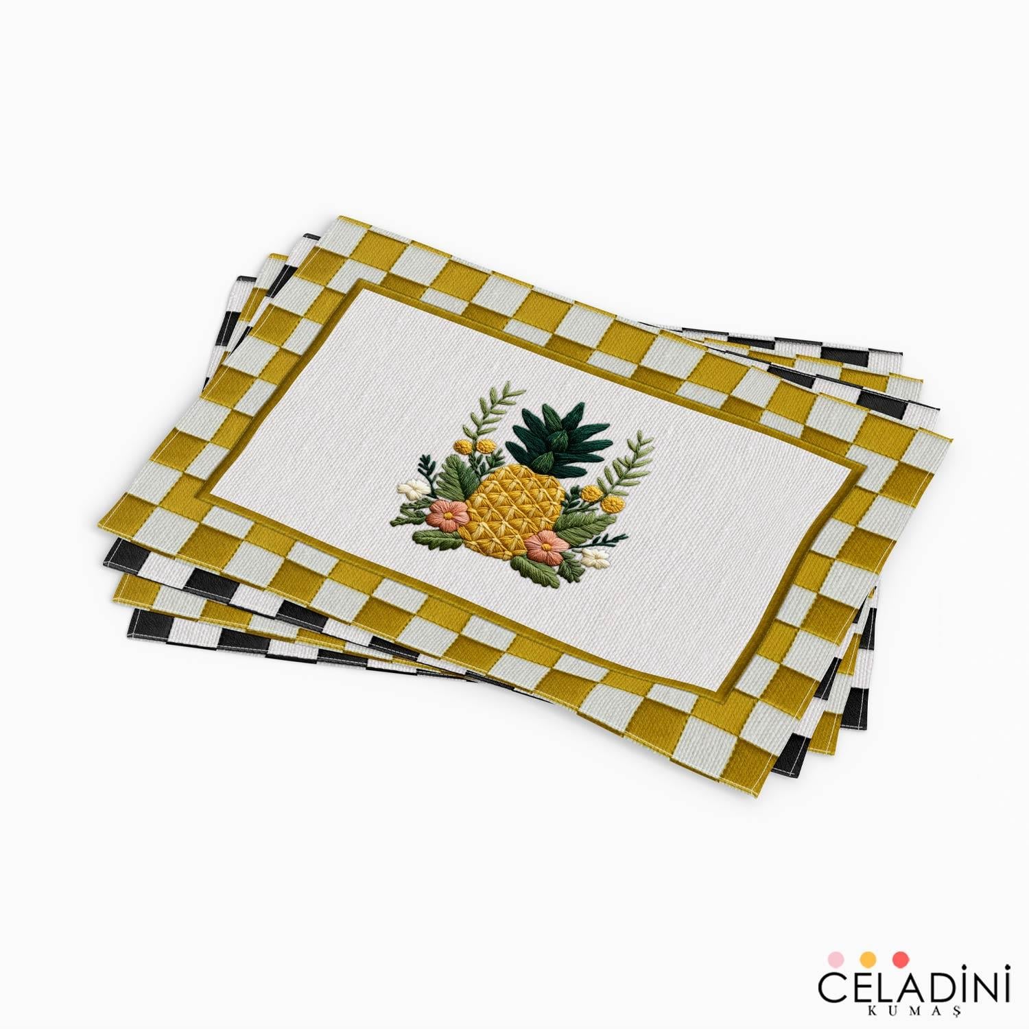 3D Nakış Efektli Ananas 4'lü Amerikan Servis Kumaşı