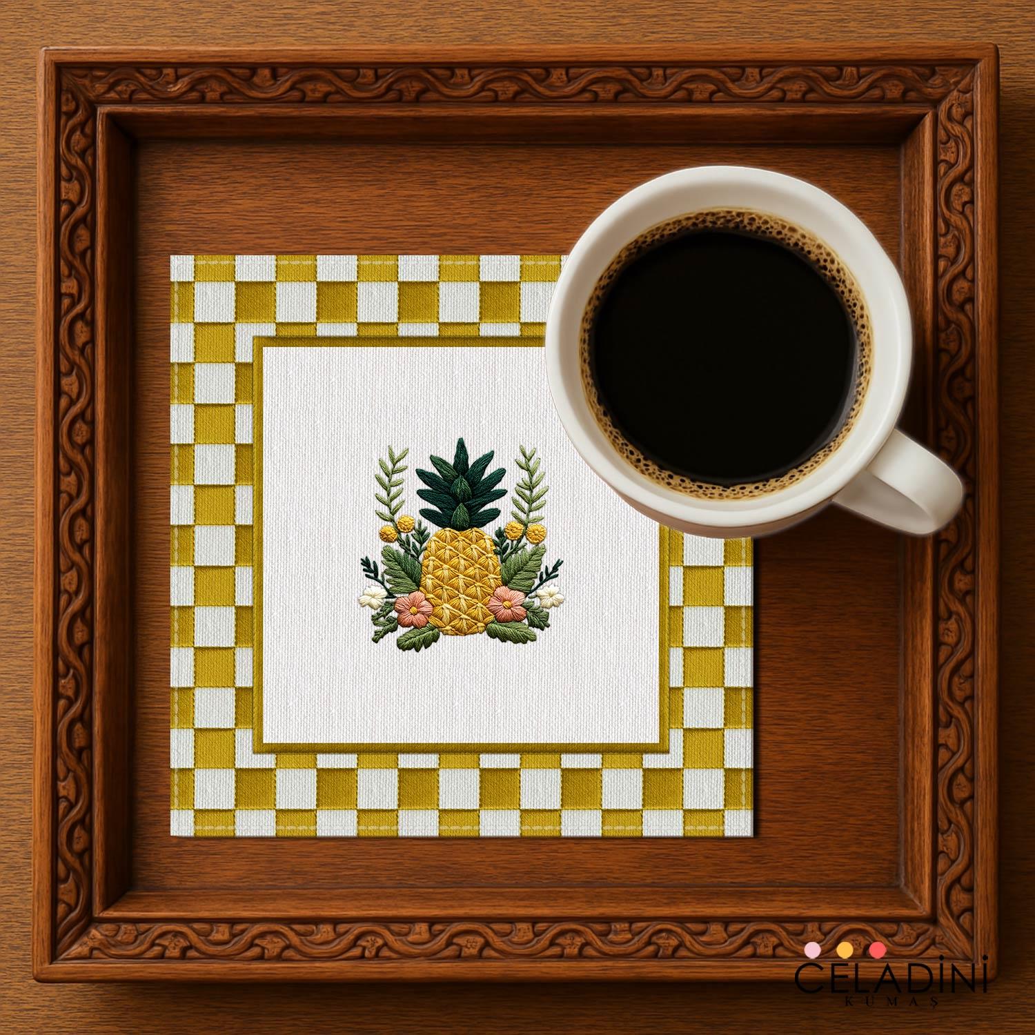 3D Nakış Efektli Ananas Kokteyl Peçetesi Kumaşı