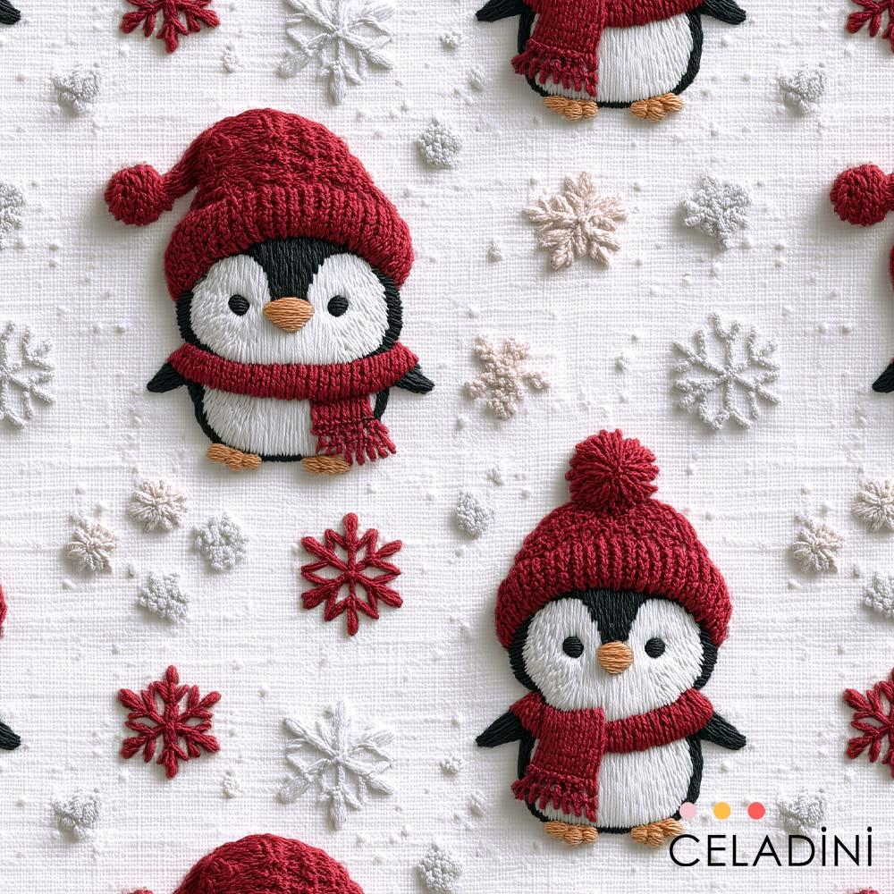 3D Nakış Efektli Atkılı Bereli Penguenler Yılbaşı Kumaşı