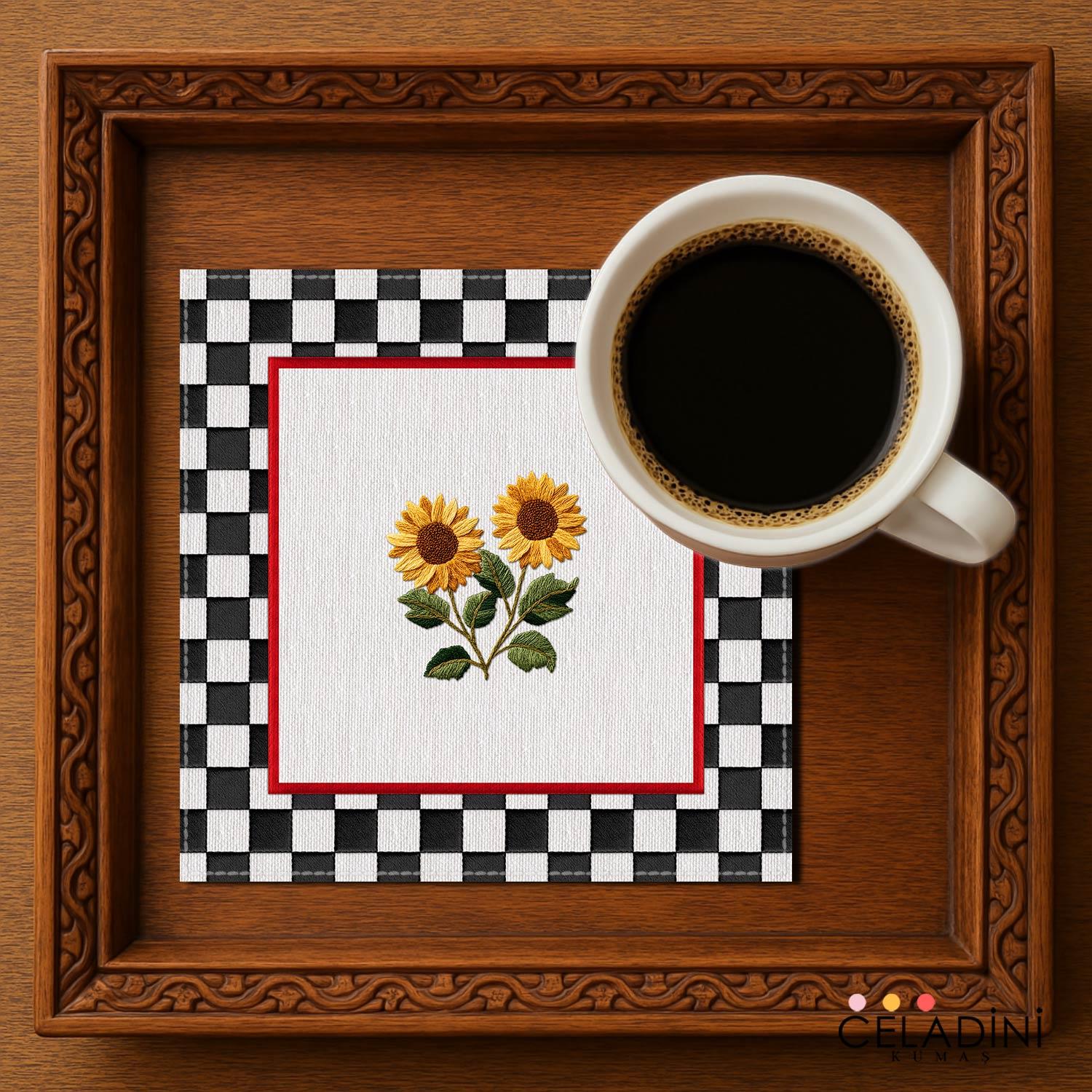 3D Nakış Efektli Ayçiçeği Kokteyl Peçetesi Kumaşı