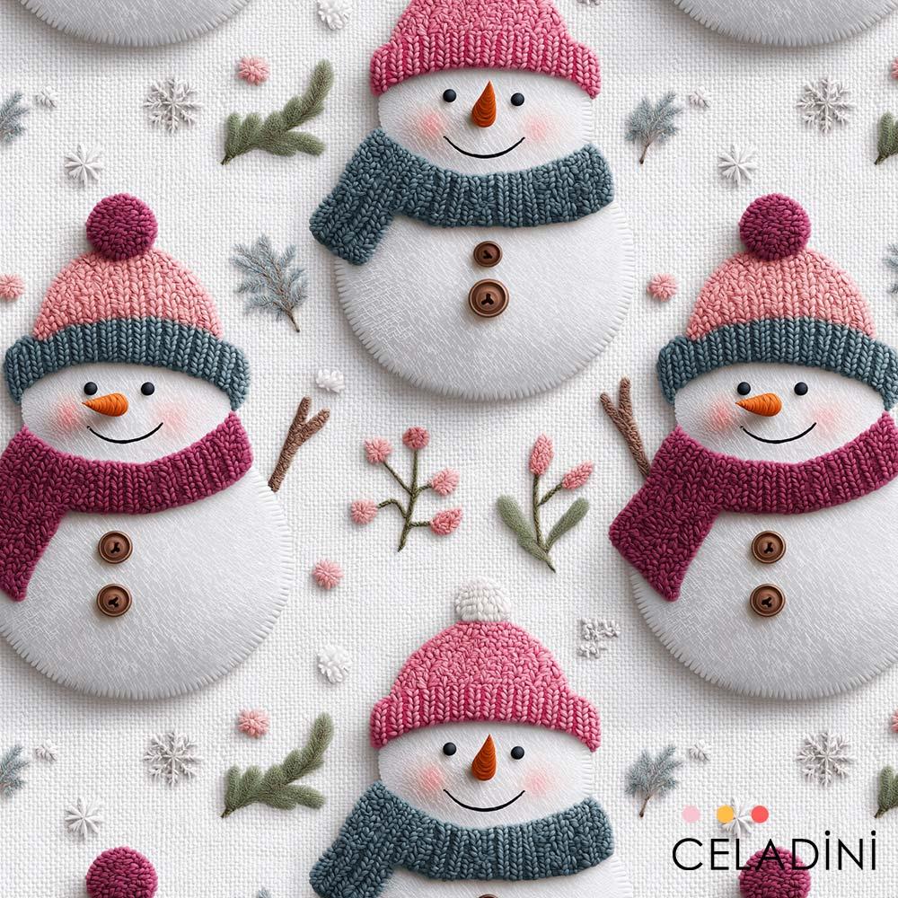 3D Nakış Efektli Bereli Kardan Adam Yılbaşı Kumaşı