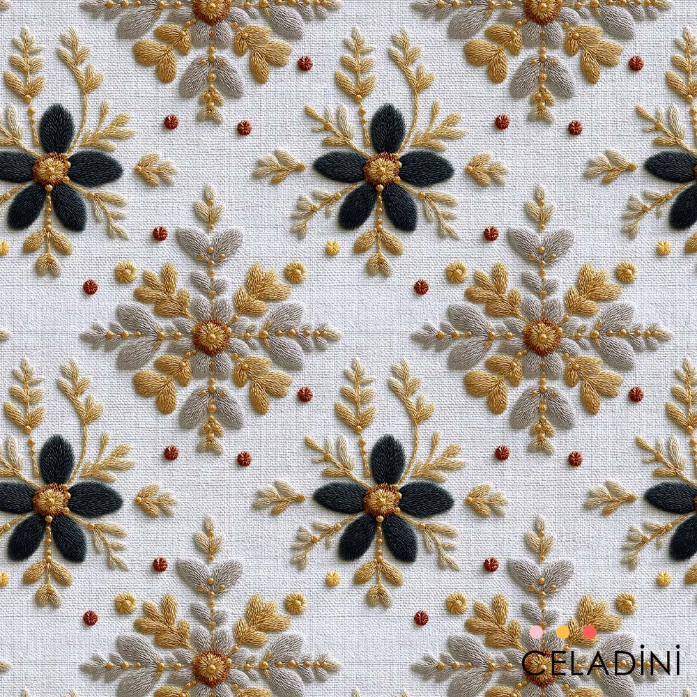 3D Nakış Efektli Çiçekli Altın Kar Taneleri Yılbaşı Kumaşı