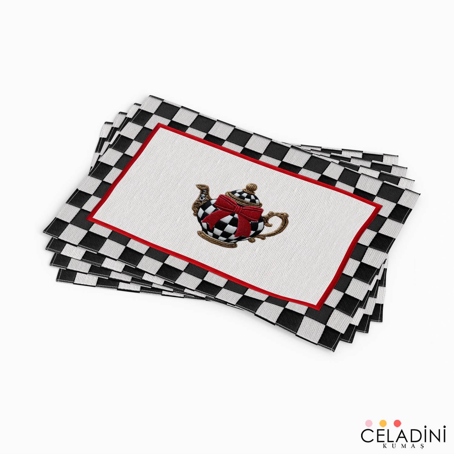 3D Nakış Efektli Damalı Çaydanlık 4'lü Amerikan Servis Kumaşı