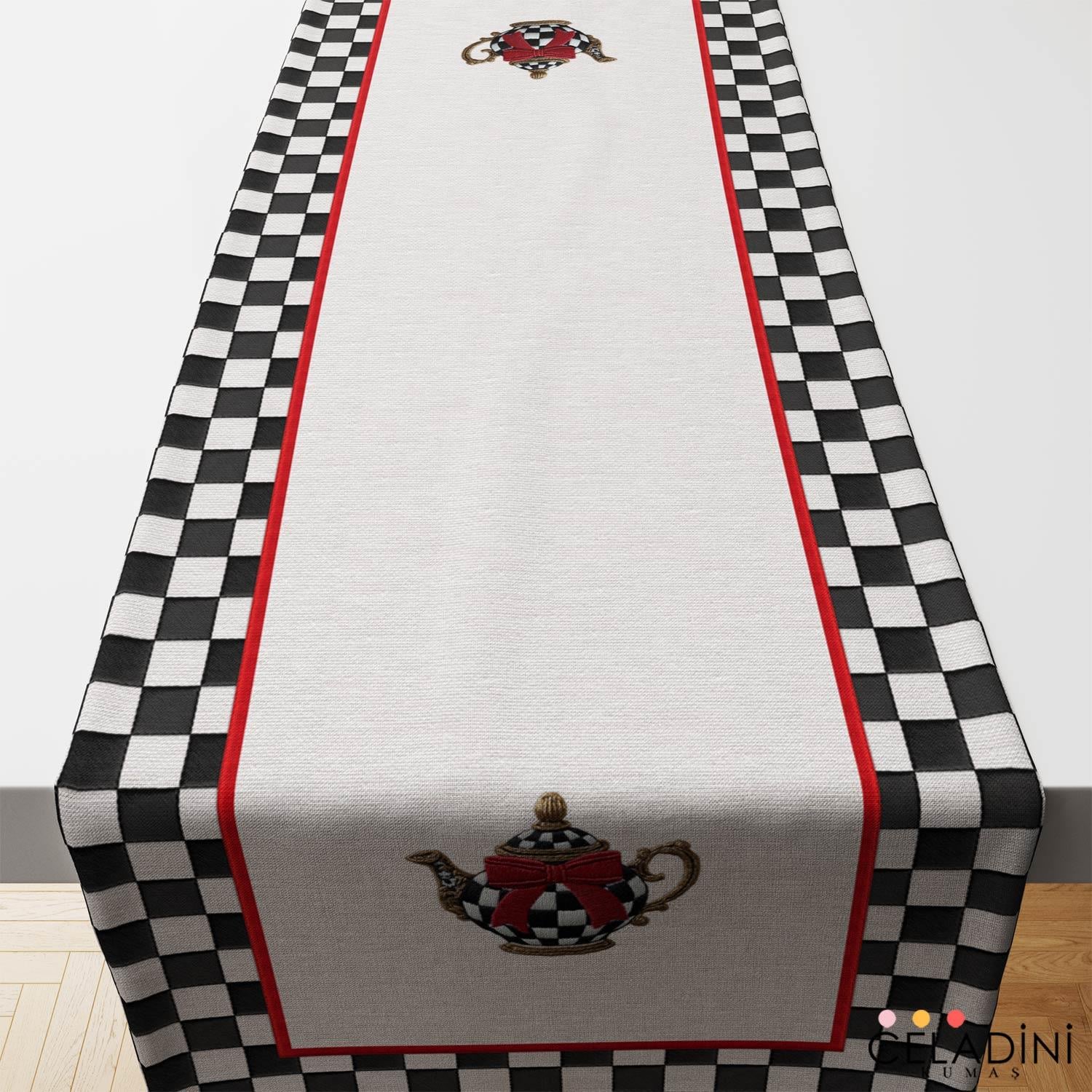 3D Nakış Efektli Damalı Çaydanlık Runner Kumaşı