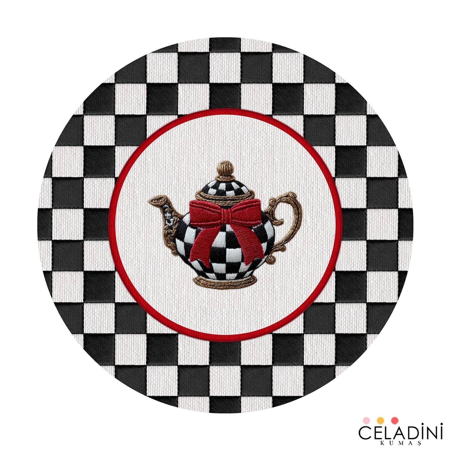 3D Nakış Efektli Damalı Çaydanlık Supla Kumaşı