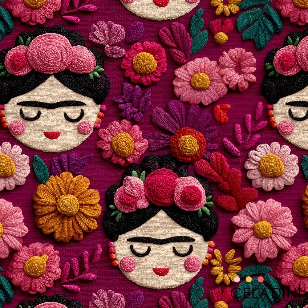 3D Nakış Efektli Frida Desenli Kumaş