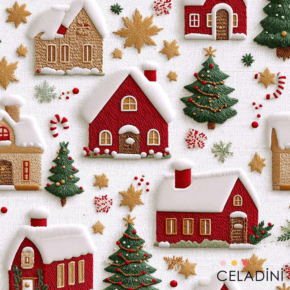 3D Nakış Efektli Karlı Evler Yılbaşı Kumaşı