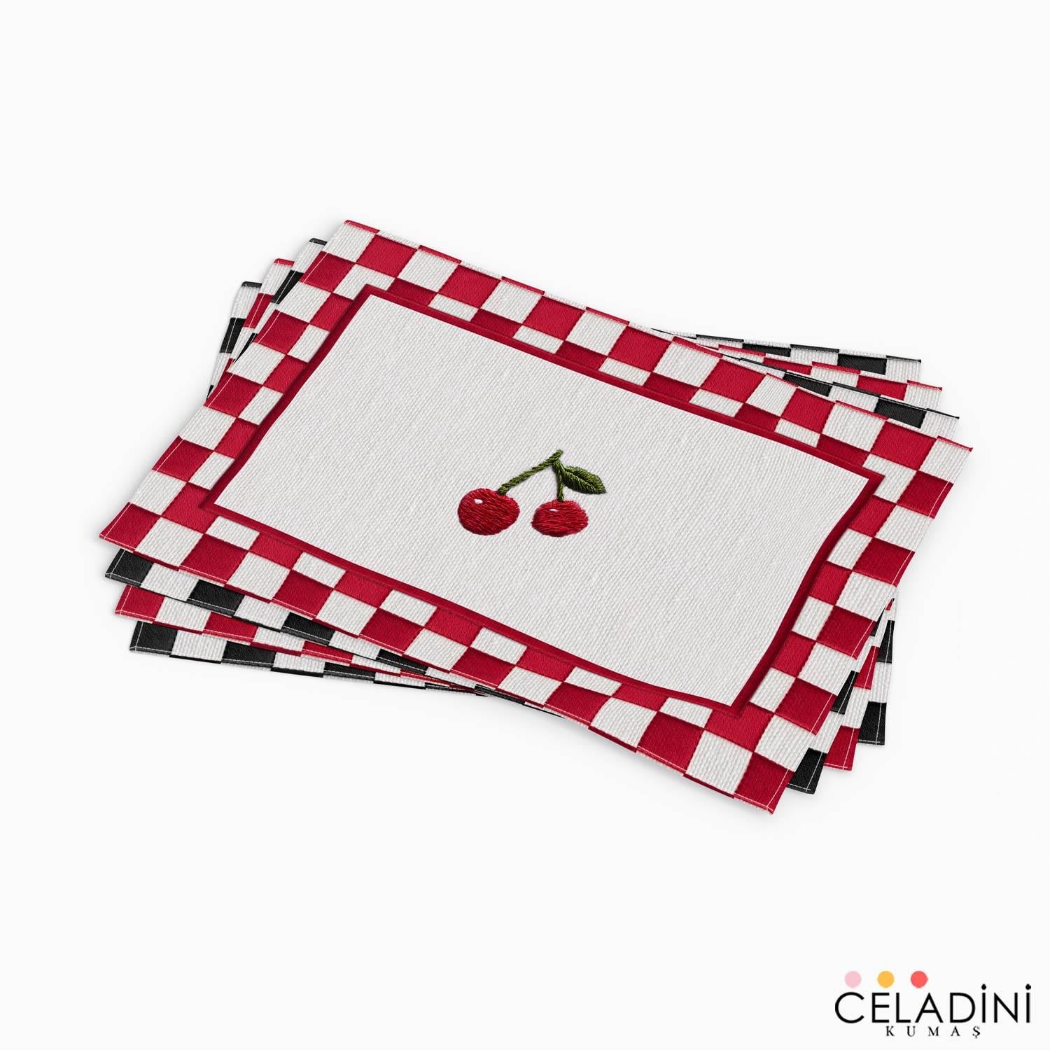 3D Nakış Efektli Kiraz 4'lü Amerikan Servis Kumaşı